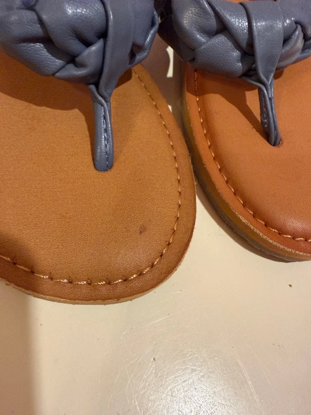 7.5 Yellowbox Dauphine Blue gray Tan Sandals Shoes Braided Leather Women's Thong - Picture 12 of 13